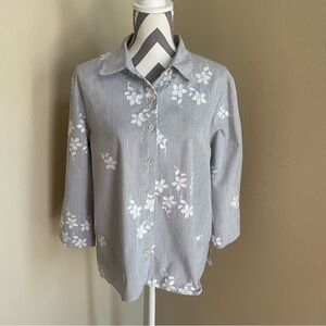 Alfred Dunner Striped Shirt with Floral Embroidery - Button Up - Size: Large